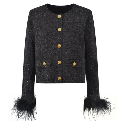 Cropped Button - Up with Feather Accents - Black