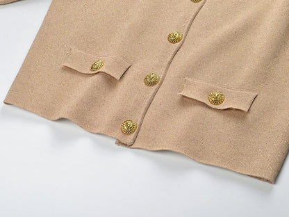 Cropped Button - Up with Feather Accents - Beige