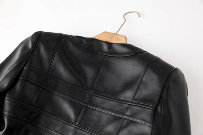 Cropped Leather Jacket: Edgy Gold Button Accents - Black
