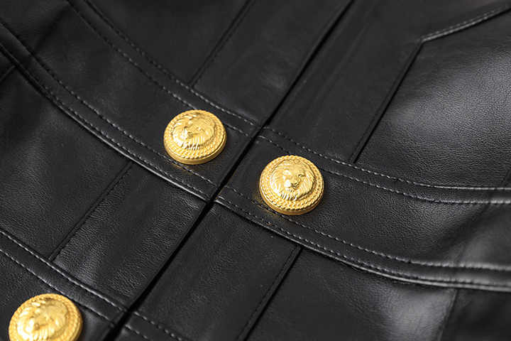 Cropped Leather Jacket: Edgy Gold Button Accents - Black