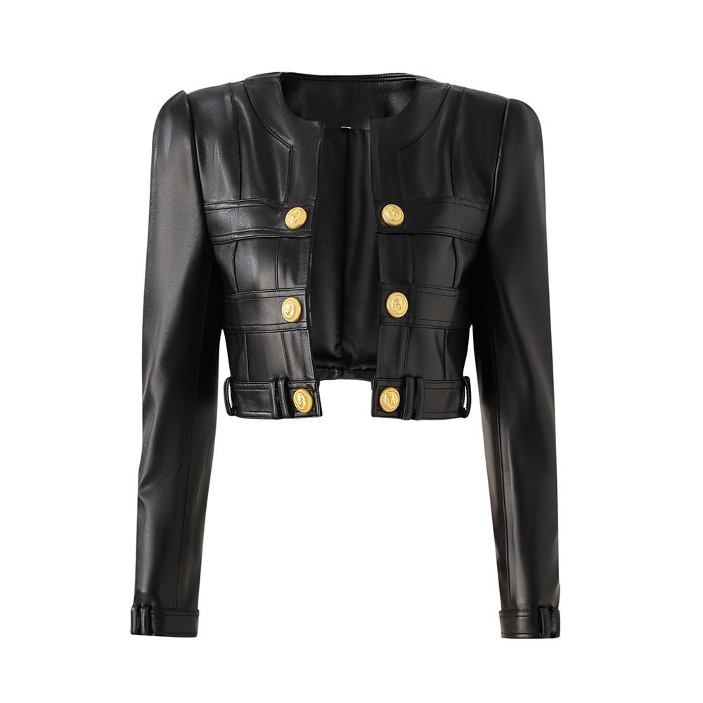 Cropped Leather Jacket: Edgy Gold Button Accents - Black