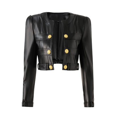 Cropped Leather Jacket: Edgy Gold Button Accents - Black