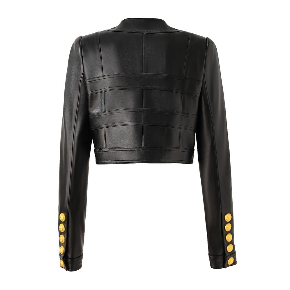 Cropped Leather Jacket: Edgy Gold Button Accents - Black