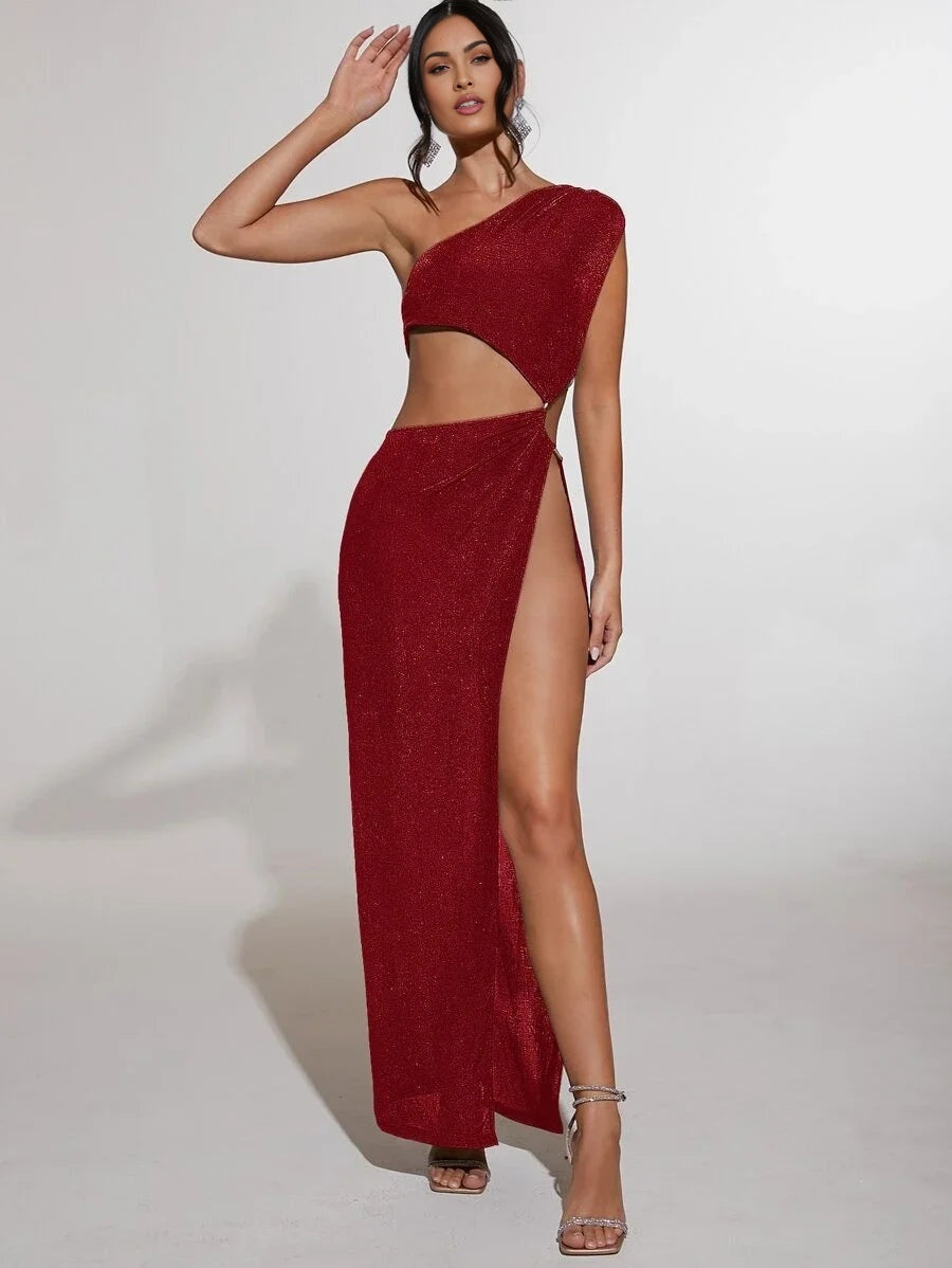 Cut Out One Shoulder Slit Thigh Dress