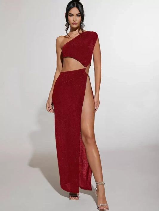 Cut Out One Shoulder Slit Thigh Dress