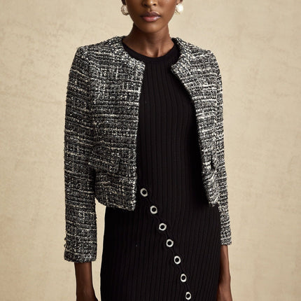 Cynthia Black Tweed Bouclé Wool Blend Jacket with Flap Pockets and Hook and Eye Fastening