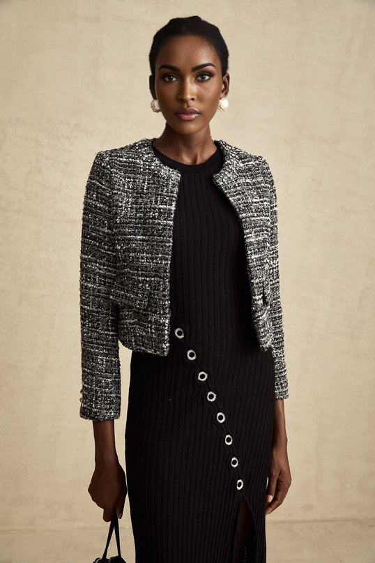 Cynthia Black Tweed Bouclé Wool Blend Jacket with Flap Pockets and Hook and Eye Fastening