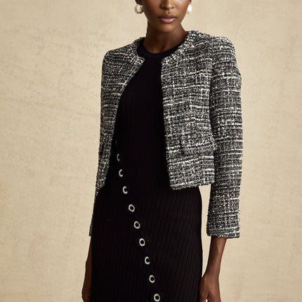 Cynthia Black Tweed Bouclé Wool Blend Jacket with Flap Pockets and Hook and Eye Fastening
