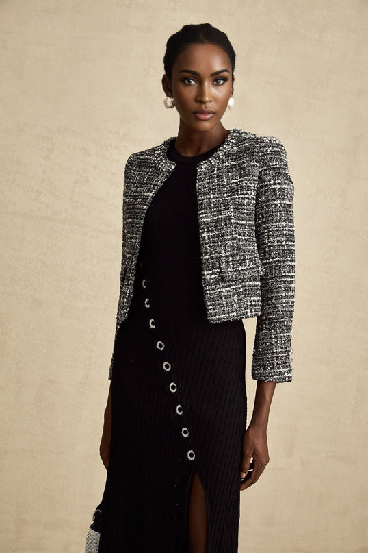 Cynthia Black Tweed Bouclé Wool Blend Jacket with Flap Pockets and Hook and Eye Fastening
