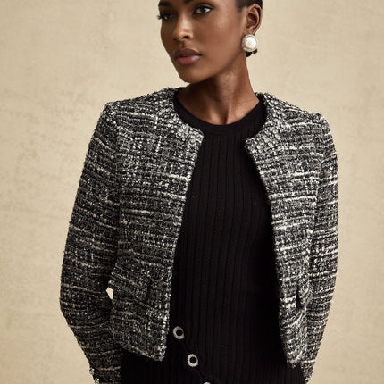 Cynthia Black Tweed Bouclé Wool Blend Jacket with Flap Pockets and Hook and Eye Fastening