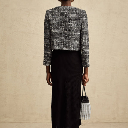 Cynthia Black Tweed Bouclé Wool Blend Jacket with Flap Pockets and Hook and Eye Fastening