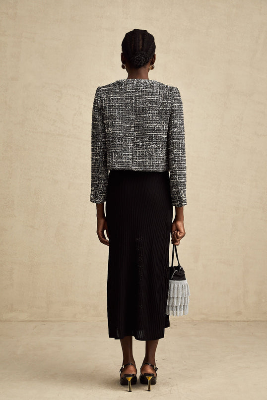 Cynthia Black Tweed Bouclé Wool Blend Jacket with Flap Pockets and Hook and Eye Fastening