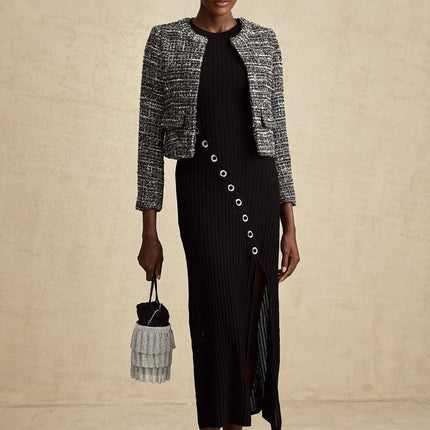 Cynthia Black Tweed Bouclé Wool Blend Jacket with Flap Pockets and Hook and Eye Fastening