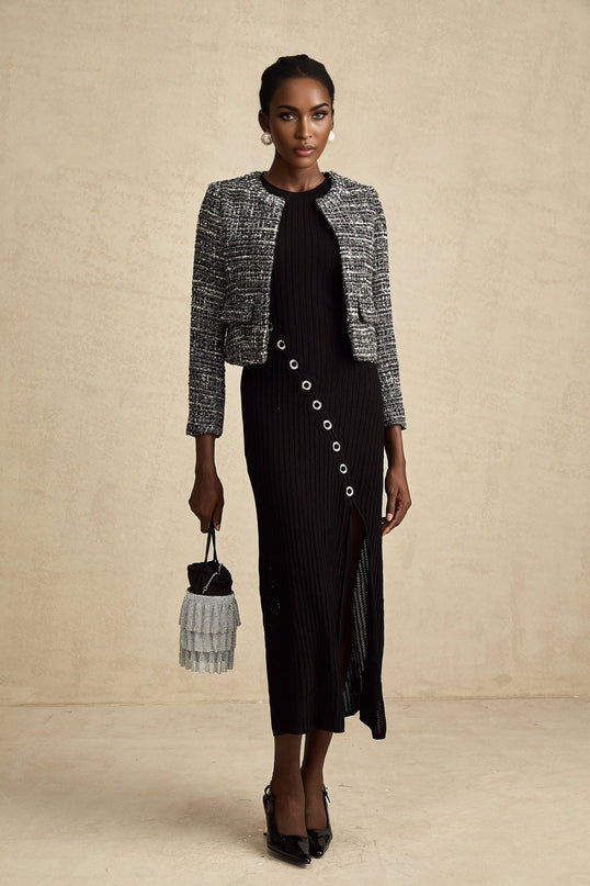 Cynthia Black Tweed Bouclé Wool Blend Jacket with Flap Pockets and Hook and Eye Fastening
