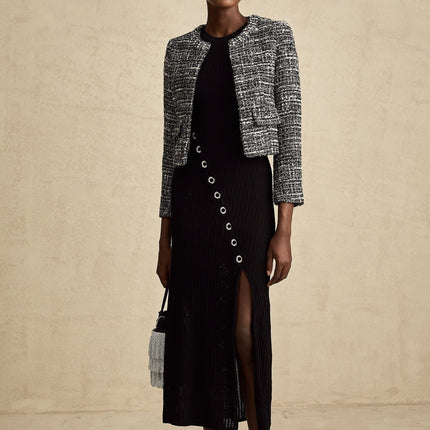 Cynthia Black Tweed Bouclé Wool Blend Jacket with Flap Pockets and Hook and Eye Fastening