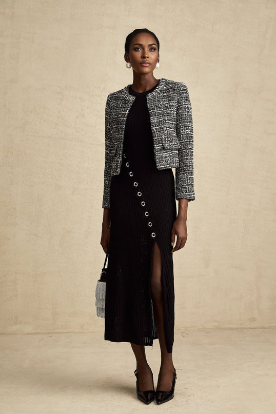 Cynthia Black Tweed Bouclé Wool Blend Jacket with Flap Pockets and Hook and Eye Fastening