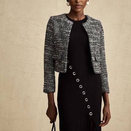 Cynthia Black Tweed Bouclé Wool Blend Jacket with Flap Pockets and Hook and Eye Fastening