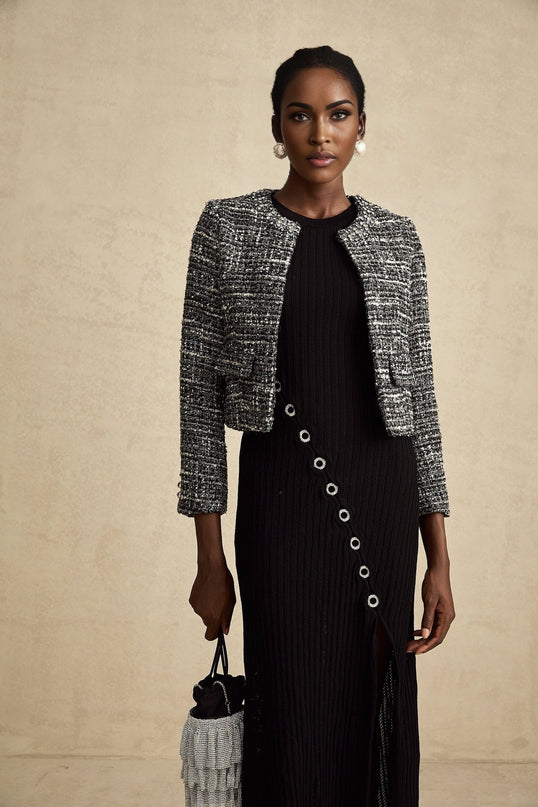 Cynthia Black Tweed Bouclé Wool Blend Jacket with Flap Pockets and Hook and Eye Fastening