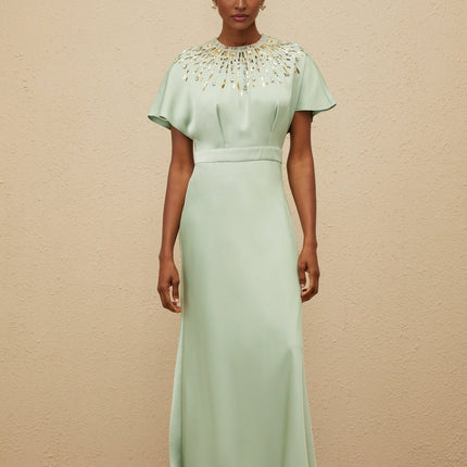 Cynthia Green Maxi Dress with Sequin, Crystal, and Bead Embellishments
