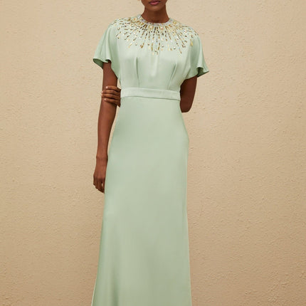 Cynthia Green Maxi Dress with Sequin, Crystal, and Bead Embellishments