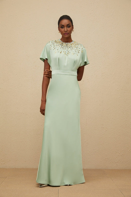 Cynthia Green Maxi Dress with Sequin, Crystal, and Bead Embellishments