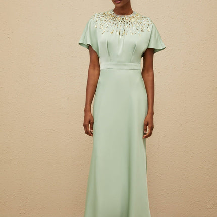 Cynthia Green Maxi Dress with Sequin, Crystal, and Bead Embellishments