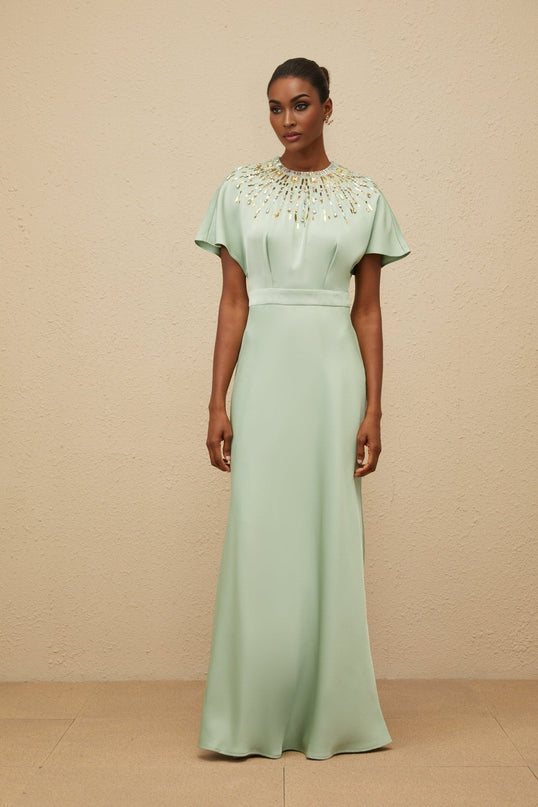 Cynthia Green Maxi Dress with Sequin, Crystal, and Bead Embellishments