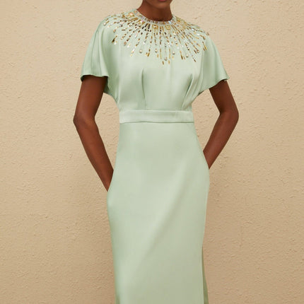 Cynthia Green Maxi Dress with Sequin, Crystal, and Bead Embellishments
