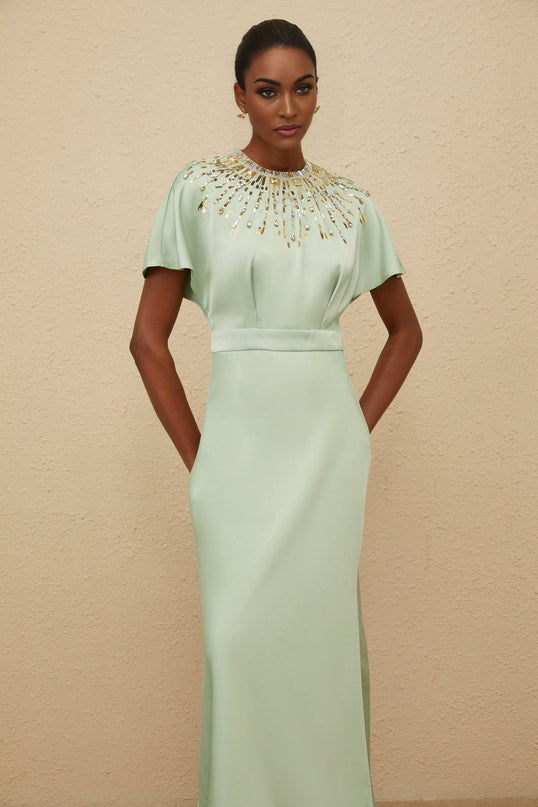 Cynthia Green Maxi Dress with Sequin, Crystal, and Bead Embellishments