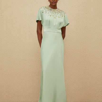 Cynthia Green Satin Maxi Dress with Sequin and Crystal Embellishments