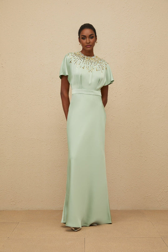Cynthia Green Satin Maxi Dress with Sequin and Crystal Embellishments