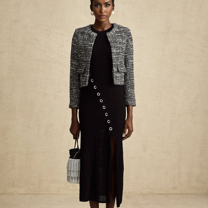 Cynthia Black Tweed Bouclé Wool Blend Jacket with Flap Pockets and Hook and Eye Fastening