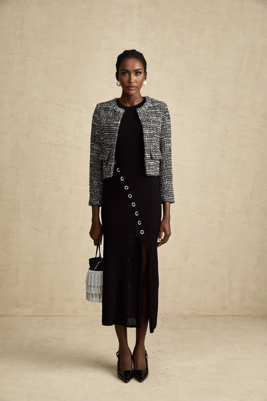 Cynthia Black Tweed Bouclé Wool Blend Jacket with Flap Pockets and Hook and Eye Fastening