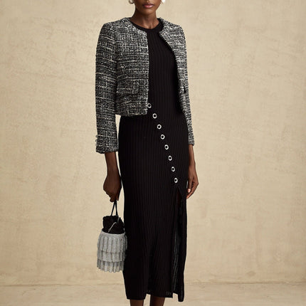 Cynthia Black Tweed Bouclé Wool Blend Jacket with Flap Pockets and Hook and Eye Fastening