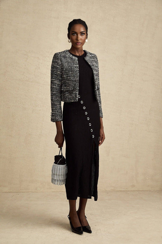 Cynthia Black Tweed Bouclé Wool Blend Jacket with Flap Pockets and Hook and Eye Fastening