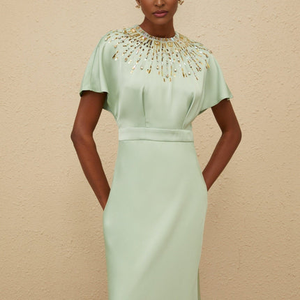 Cynthia Maxi Dress Green Satin Sequin Crystal Bead Embellished Open Back Glamorous Evening Gown