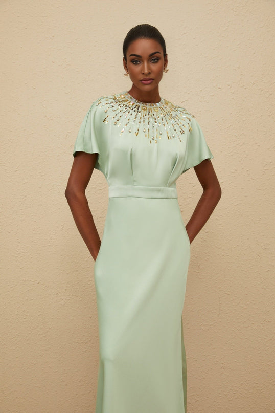 Cynthia Maxi Dress Green Satin Sequin Crystal Bead Embellished Open Back Glamorous Evening Gown
