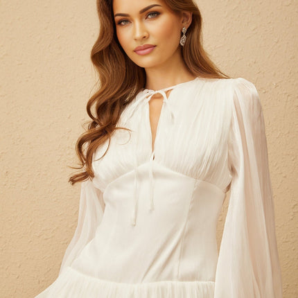 Cynthia Mini Dress in White with Long Puff Sleeves and Pleated Bubble-Hem Skirt