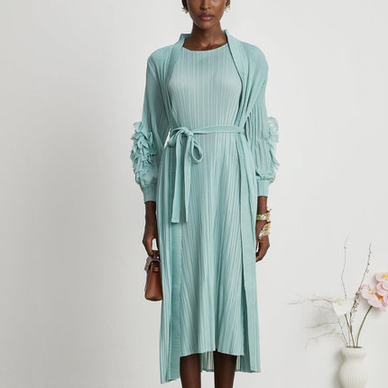 Cynthia Mint Green Dress Coat Set Stretch Jersey Pleats Faux-Flower Design Sleeveless Knitted Construction Midi Length Elasticated Cuffs