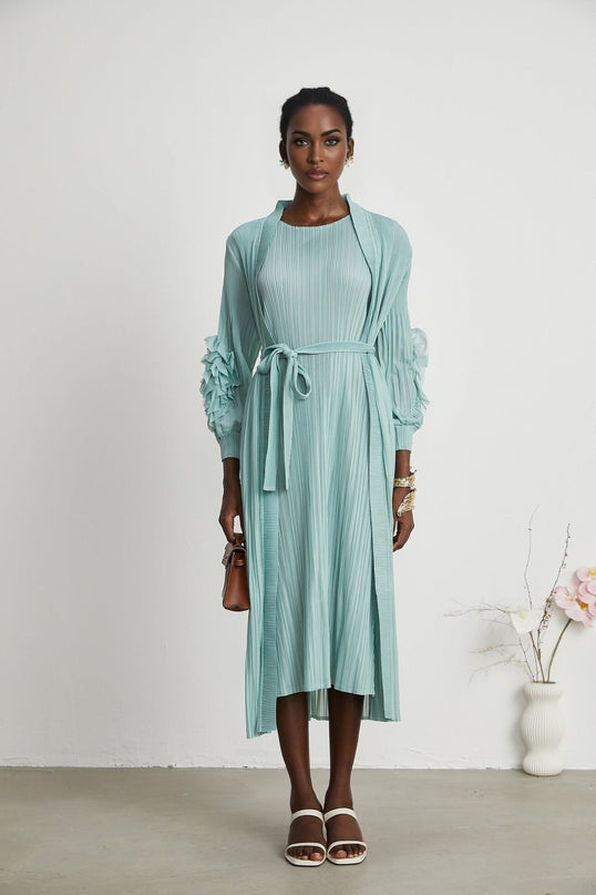 Cynthia Mint Green Dress Coat Set Stretch Jersey Pleats Faux-Flower Design Sleeveless Knitted Construction Midi Length Elasticated Cuffs