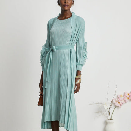 Cynthia Mint Green Dress and Coat Set in Stretch Jersey Fabric with Pleated Detailing and Faux-Flower Design