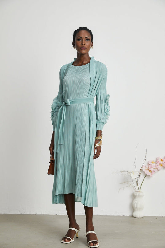Cynthia Mint Green Dress and Coat Set in Stretch Jersey Fabric with Pleated Detailing and Faux-Flower Design