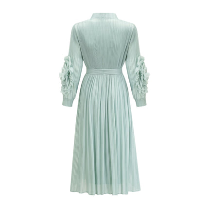 Cynthia Mint Green Dress Coat Set Knitted Stretch Jersey Fabric Pleated Detailing Faux-Flower Design Sleeveless Silhouette Midi Length Elasticated Cuffs