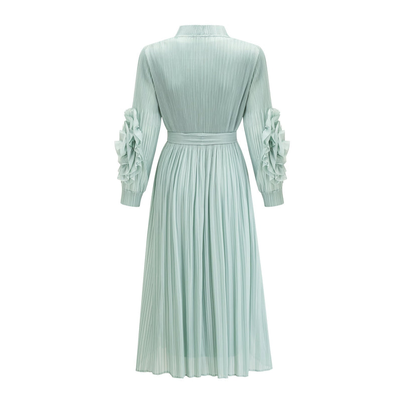 Cynthia Mint Green Dress Coat Set Knitted Stretch Jersey Fabric Pleated Detailing Faux-Flower Design Sleeveless Silhouette Midi Length Elasticated Cuffs