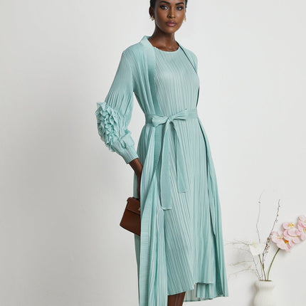 Cynthia Mint Green Dress Coat Set Knitted Pleated Elasticated Cuffs Faux-Flower Design Sleeveless Midi Length
