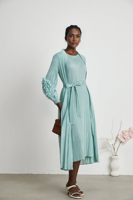 Cynthia Mint Green Dress Coat Set Knitted Pleated Elasticated Cuffs Faux-Flower Design Sleeveless Midi Length