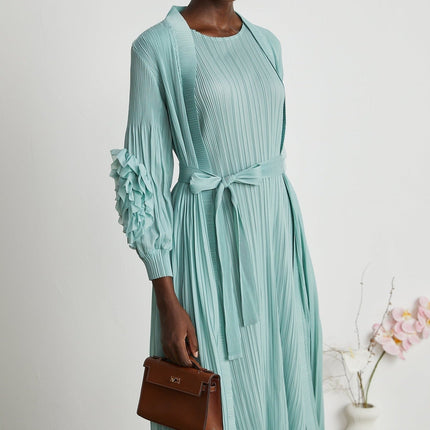 Cynthia Mint Green Dress Coat Set Knitted Pleats Elasticated Cuffs