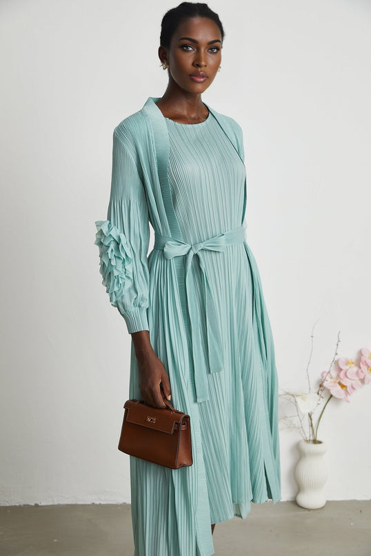 Cynthia Mint Green Dress Coat Set Knitted Pleats Elasticated Cuffs