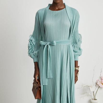 Cynthia Mint Green Dress Coat Set Knitted Pleated Stretch Jersey Fabric Faux Flower Design Sleeveless Elasticated Cuffs Midi Length
