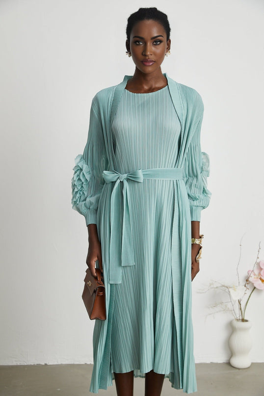 Cynthia Mint Green Dress Coat Set Knitted Pleated Stretch Jersey Fabric Faux Flower Design Sleeveless Elasticated Cuffs Midi Length